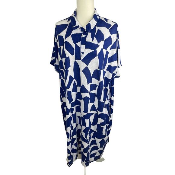 Poetry Linen Cotton Geometric Shift Dress Art To Wear Lagenlook Blue White US 16 - Picture 6 of 15